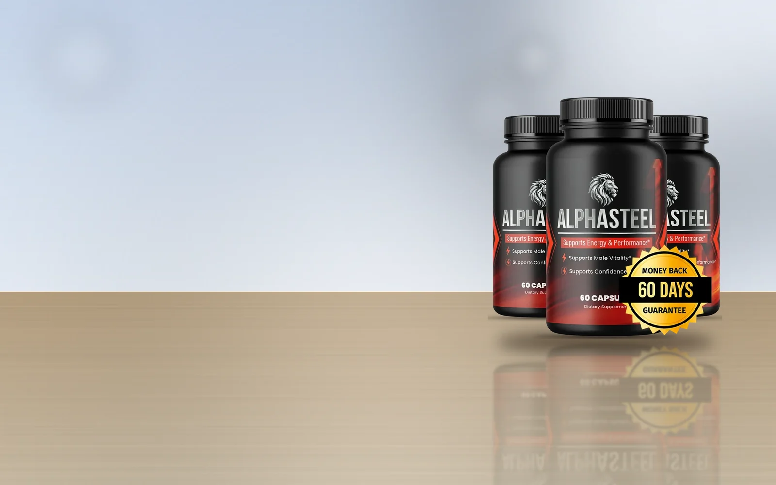 AlphaSteel three-bottle pack on a wooden table
