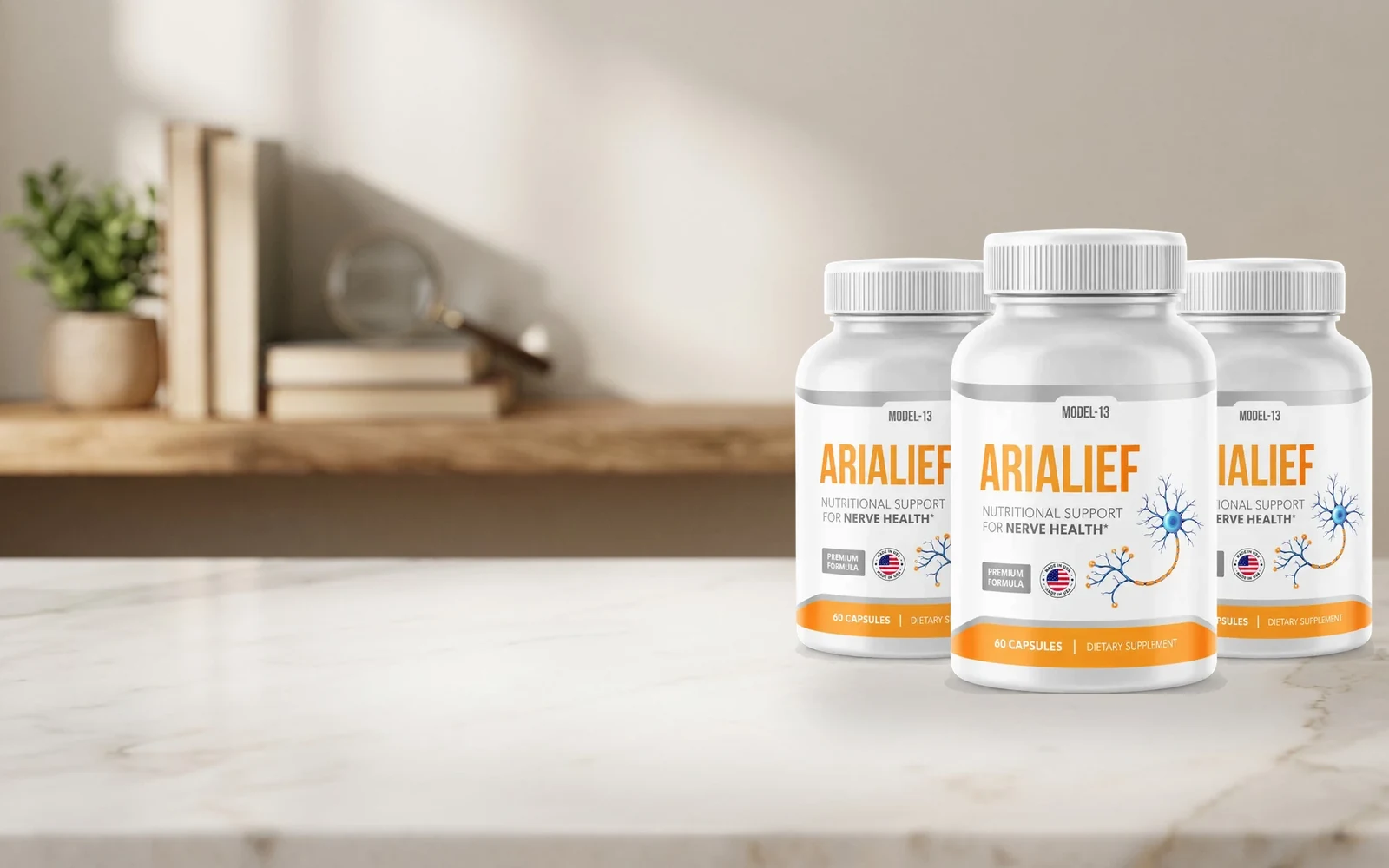 Arialief three-bottle pack on a wooden table