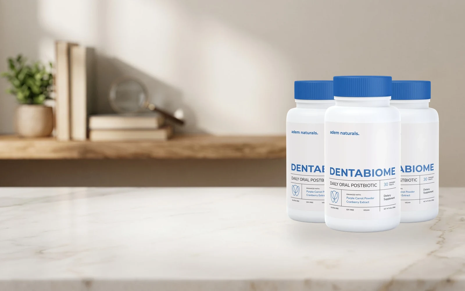 DentaBiome three-bottle pack on a wooden table