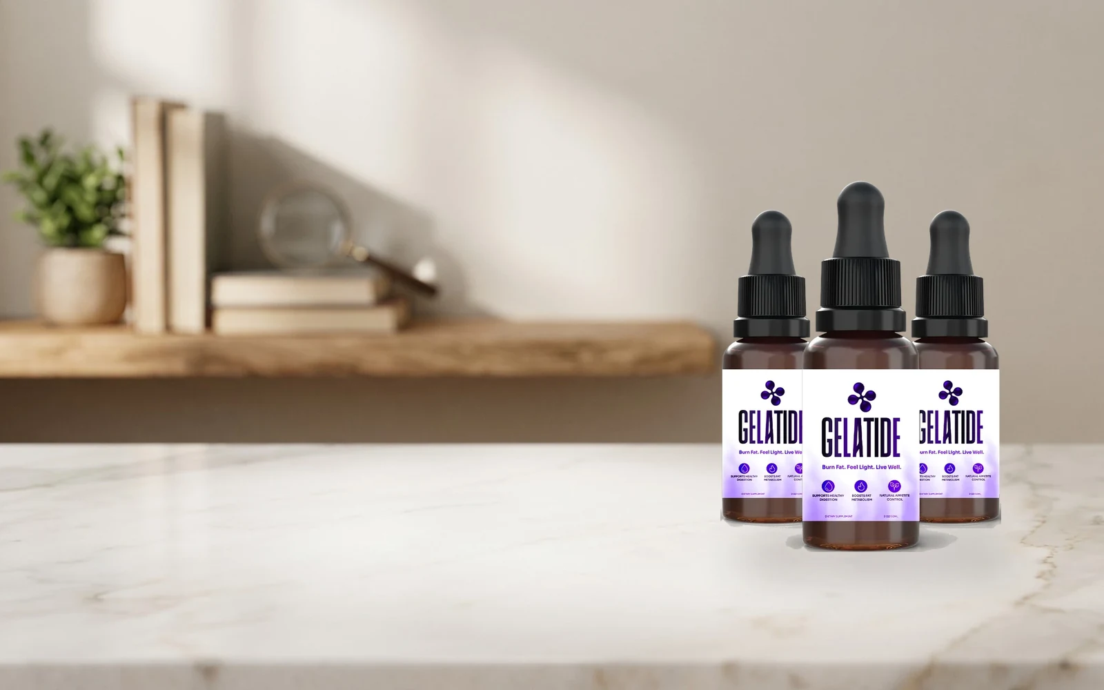Gelatide three-bottle pack on a wooden table