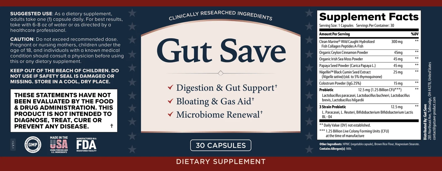 GutSave supplement facts label