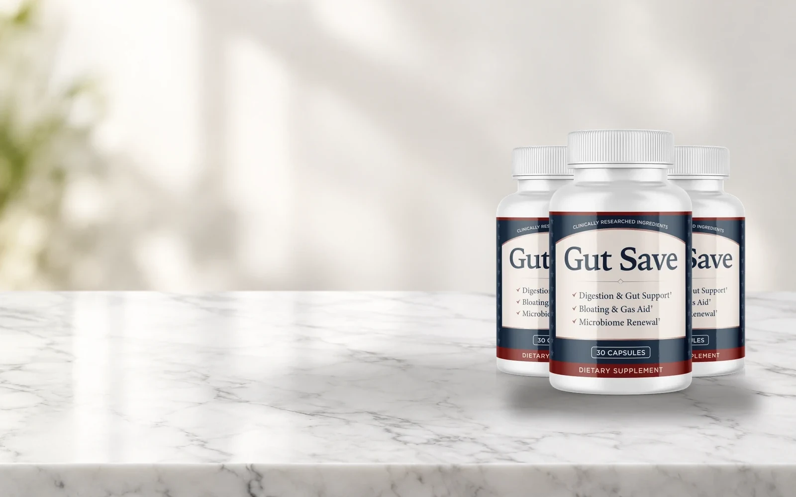 GutSave three-bottle pack on a wooden table