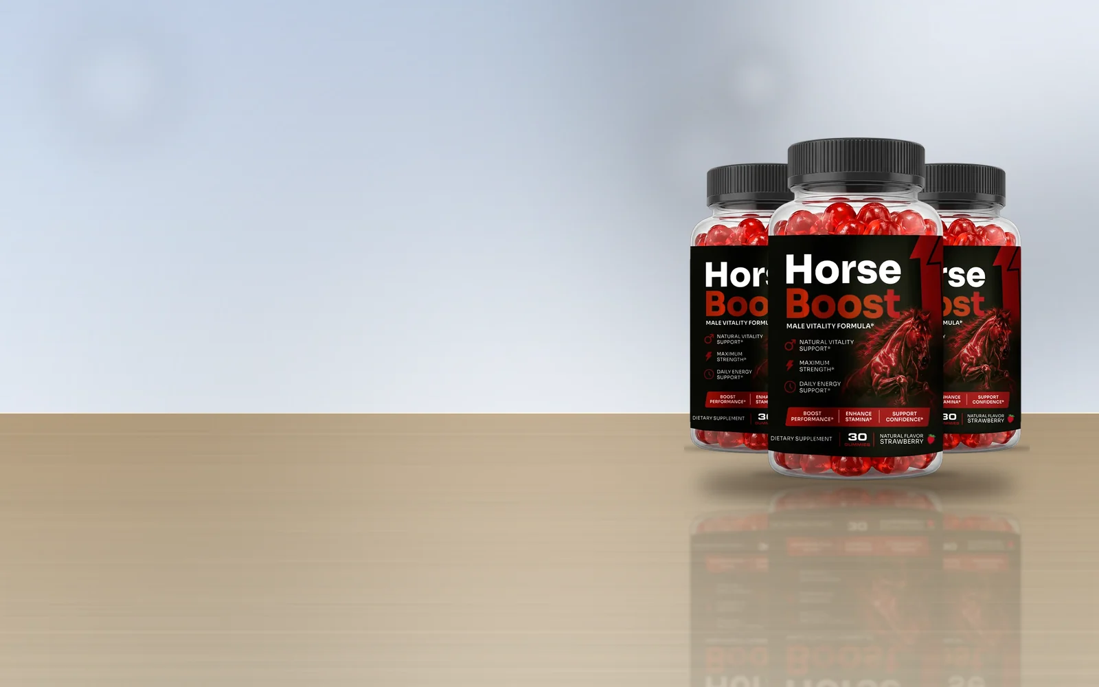 HorseBoost three-bottle pack on a wooden table