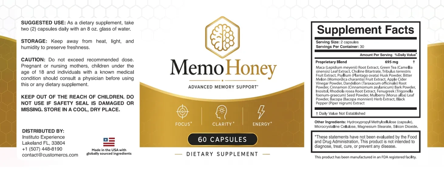 MemoHoney supplement facts label