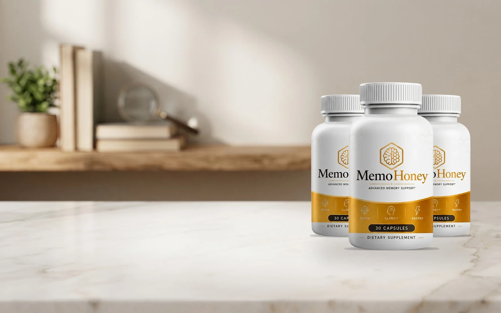 MemoHoney three-bottle pack on a wooden table