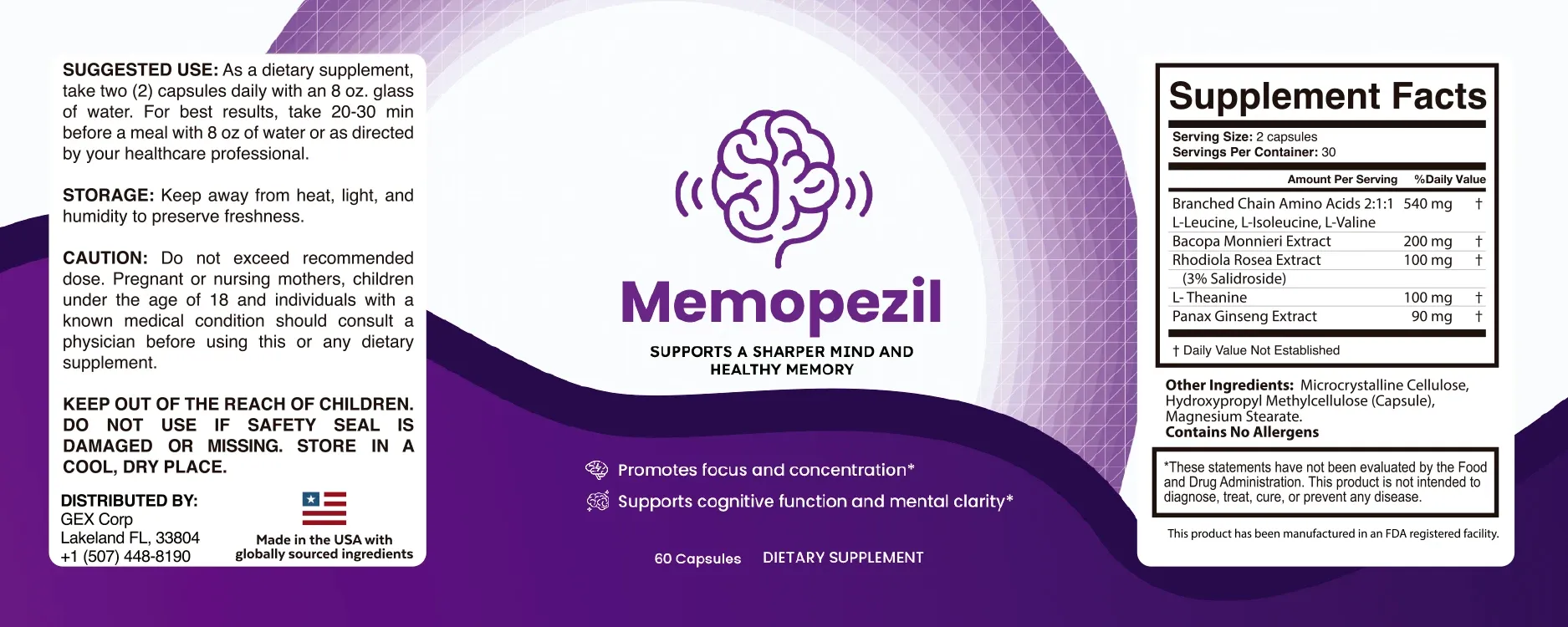 Memopezil supplement facts label — click to zoom