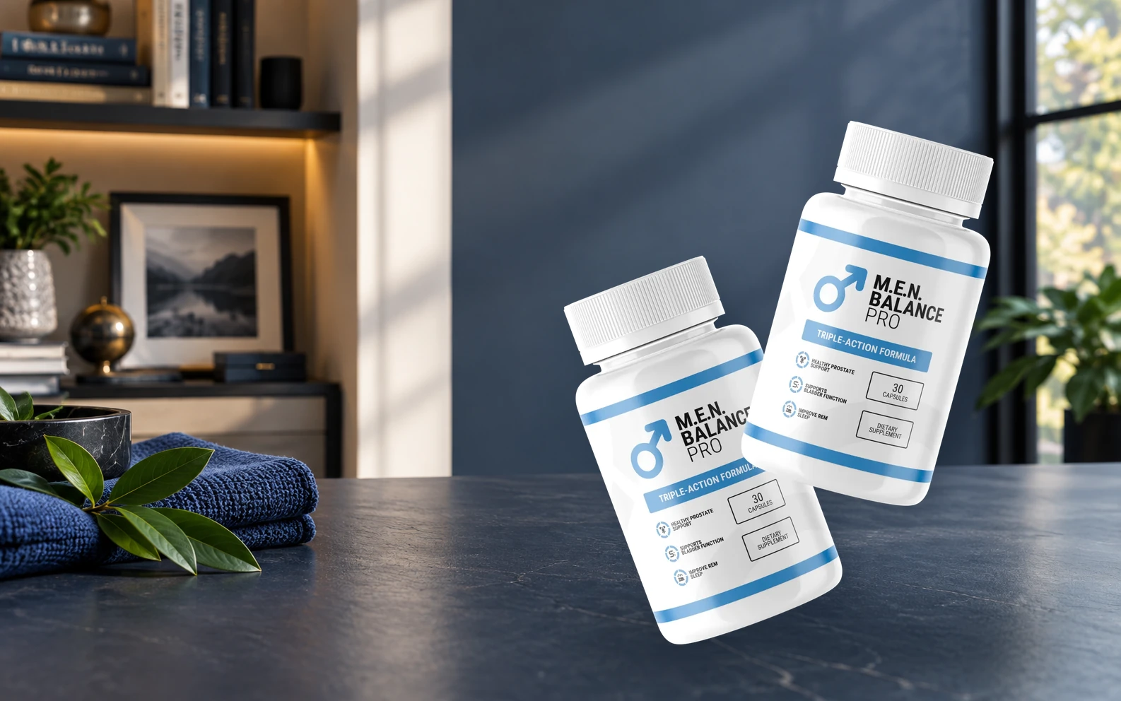 Two Men Balance Pro bottles in a premium editorial wellness setting