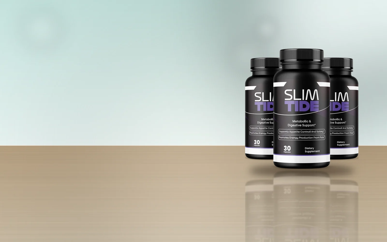 SlimTide three-bottle pack on a wooden table