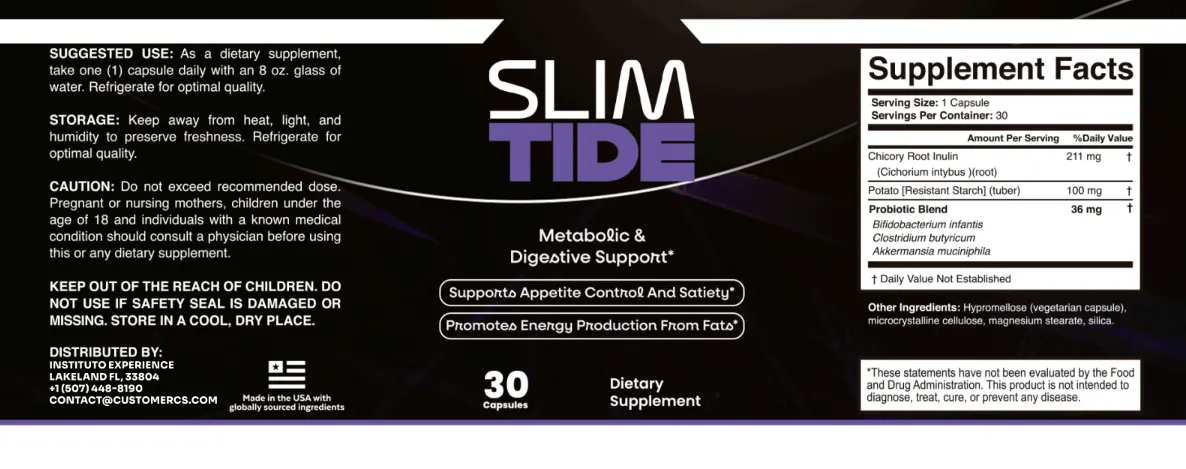 SlimTide supplement facts label — click to zoom