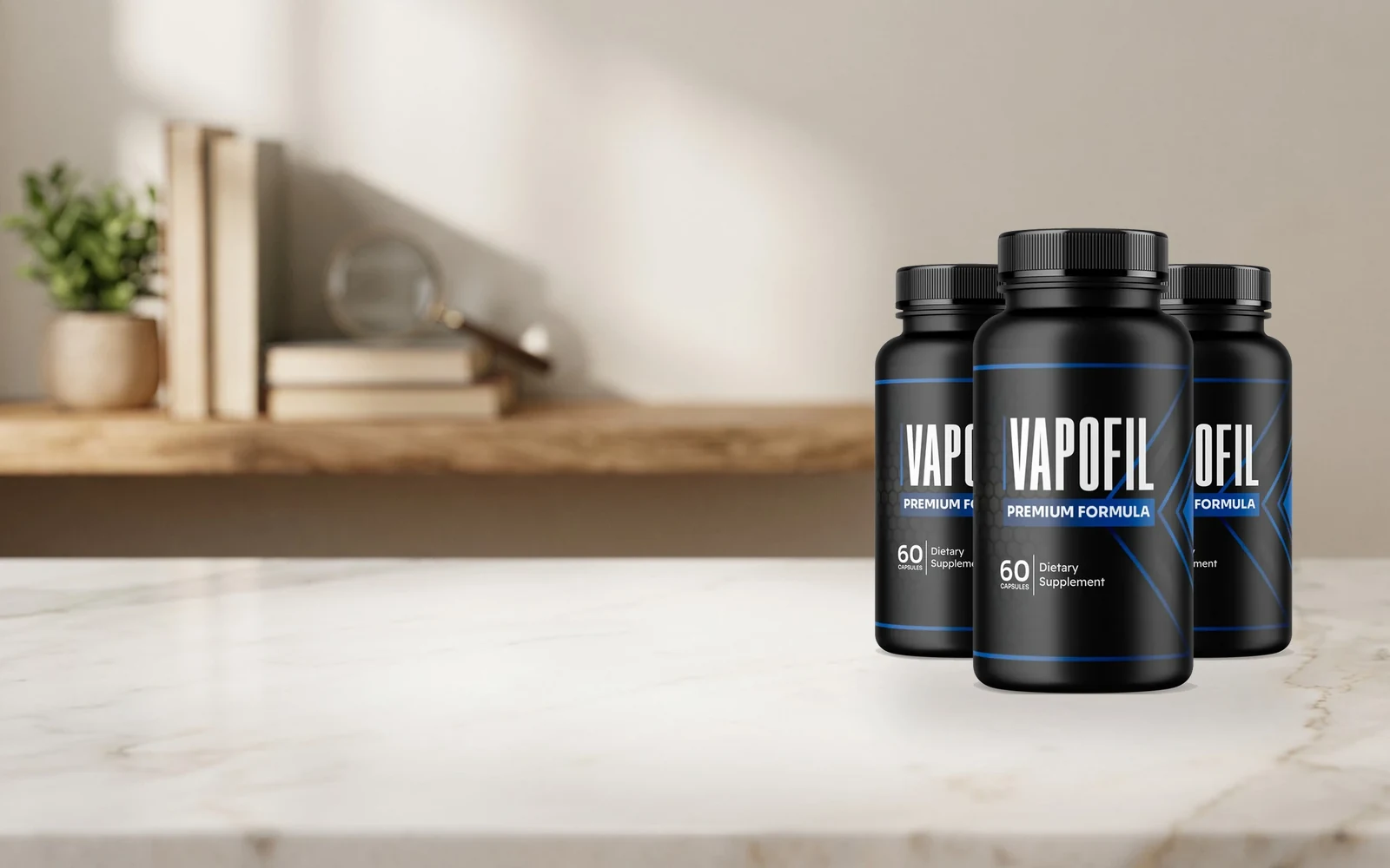 Vapofil three-bottle pack on a wooden table