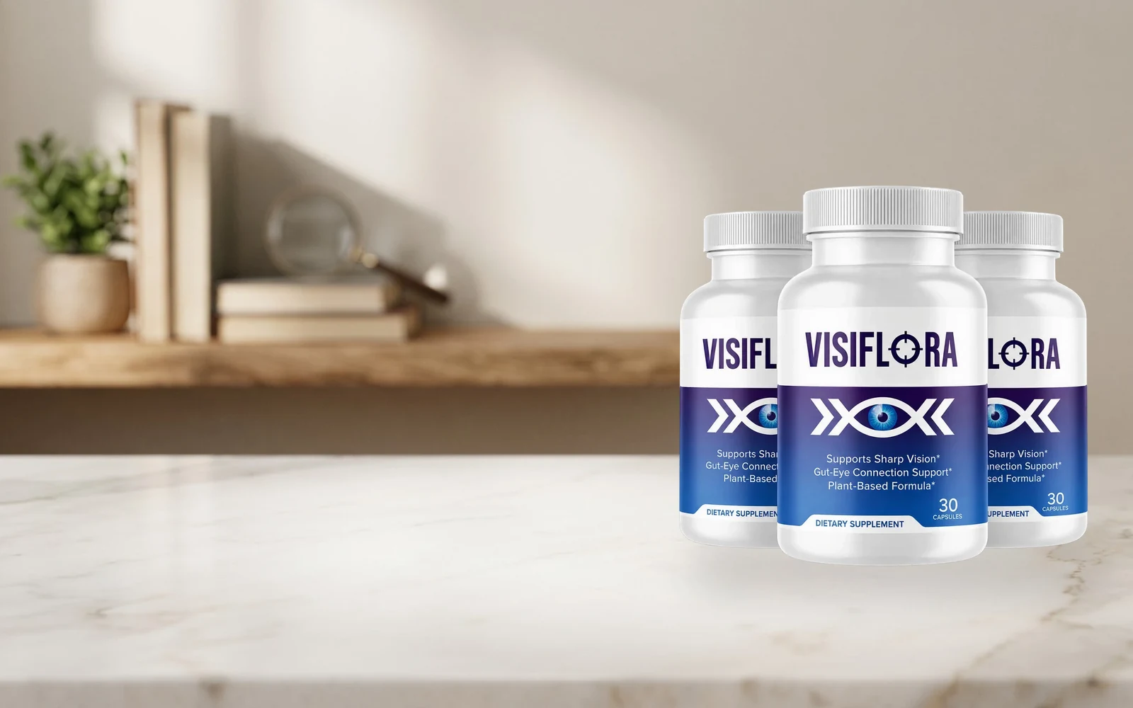 VisiFlora three-bottle pack on a wooden table