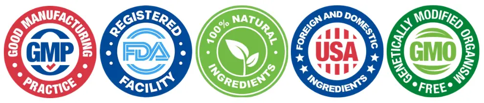GMP Certified · FDA Registered Facility · Made in USA · 100% Natural · Non-GMO